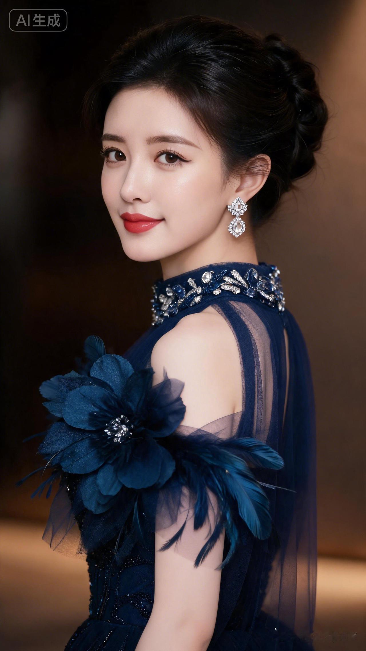 真人写真，少女精致盘发搭配夸张华美耳饰，瓷白肌肤莹润透亮。镶钻高领藏青色无袖高定