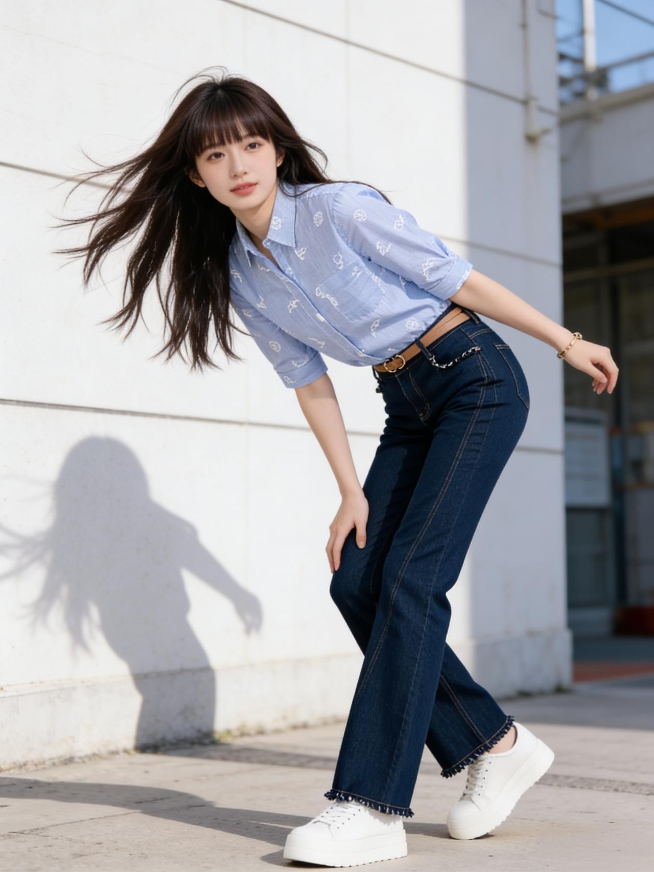 午后的阳光透过树叶的缝隙，斑驳地洒在街道上。她就这样出现了，像一阵清爽的微风。身