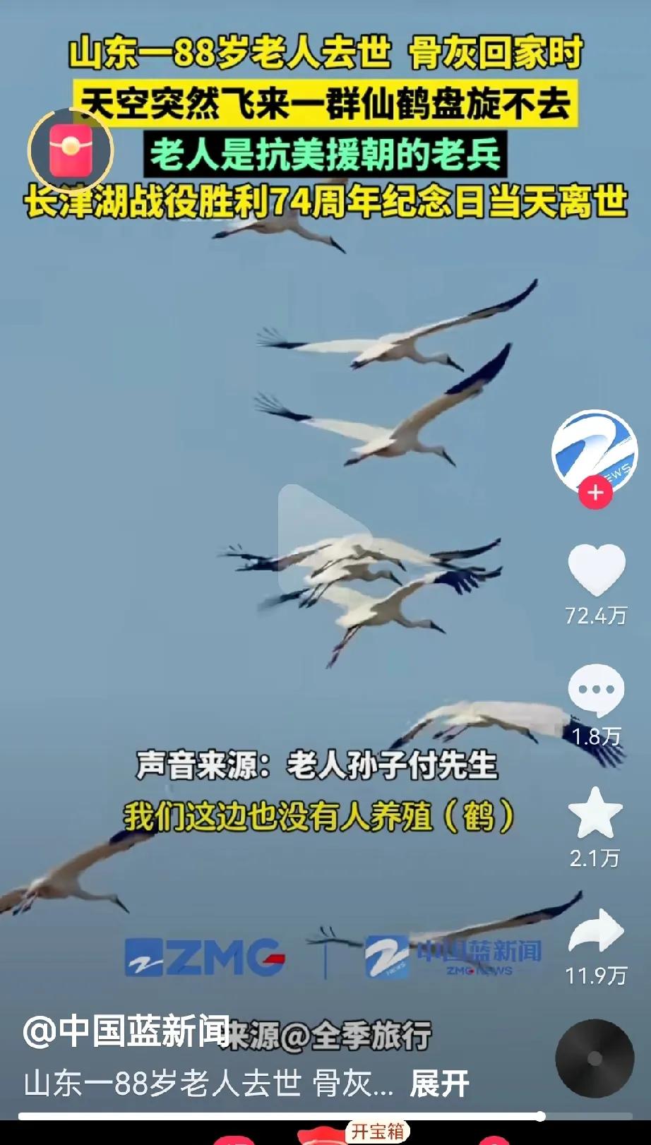 功德无量！一88岁老人去世，当骨灰回家时，天空突然飞来无数仙鹤，在老人骨灰头顶盘