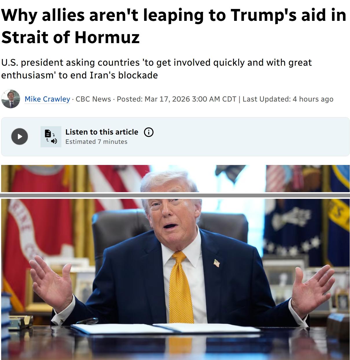 没有国家同意派遣军舰帮美国护航霍尔木兹海峡，特朗普由愤怒陷入绝望
特朗普试图组建