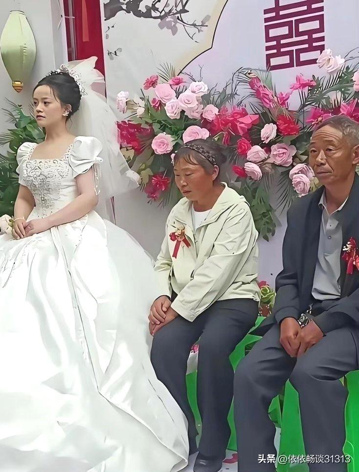 新娘穿着洁白婚纱，旁边坐着朴实的父母。不少人看到这一幕看法各不相同。

父母条件