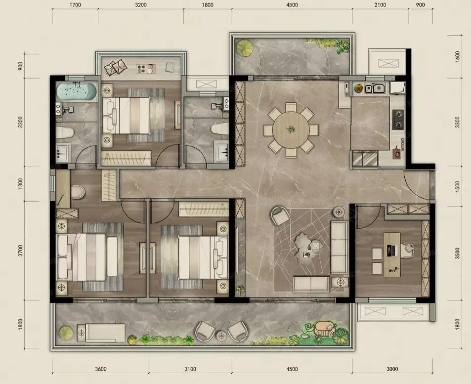 140㎡四房二卫，把改善的舒适度直接拉满！
 
餐客通厅LDK一体化，空间开阔无