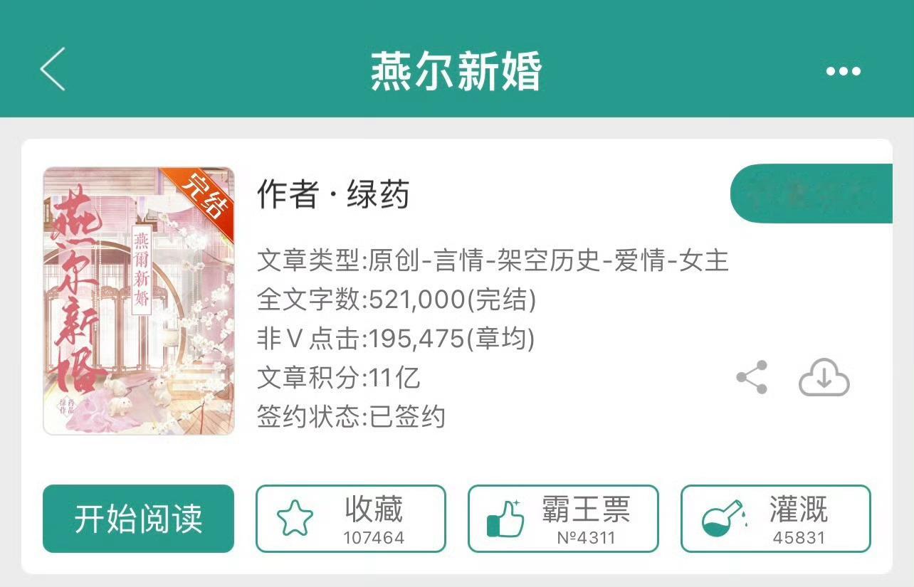 小说推荐：《燕尔新婚》 作者:绿药简评：娇气明艳小郡主vs温柔腹黑探花郎，先婚后
