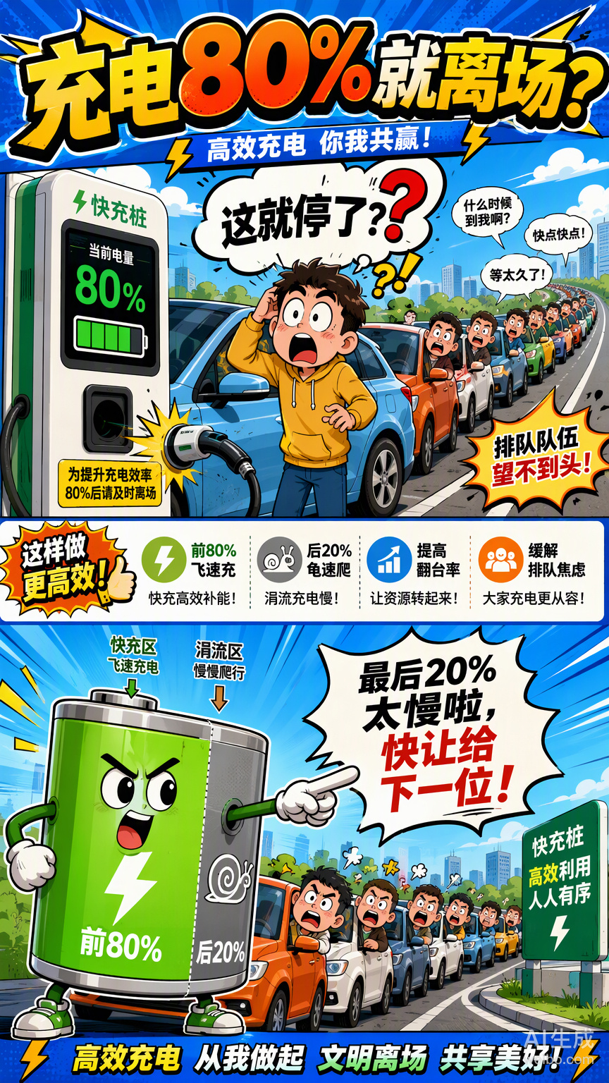 国庆高速服务区排队排到怀疑人生，听说有些站点直接搞了个“充到80%自动断电”的规