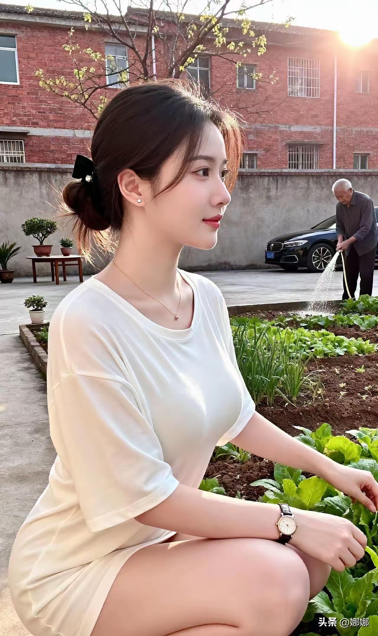 美女小院
别致幽庭最养宜，
佳人园圃绿蔬滋。
花繁车隐皆堪用，
静享时光意韵驰。