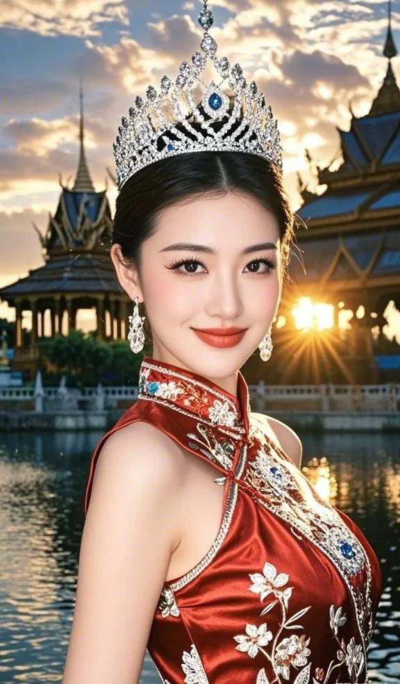 玉环美人映碧波，金殿辉煌照晚霞。美景美景佳人 如画美景和佳人 如画佳人 云遮美人