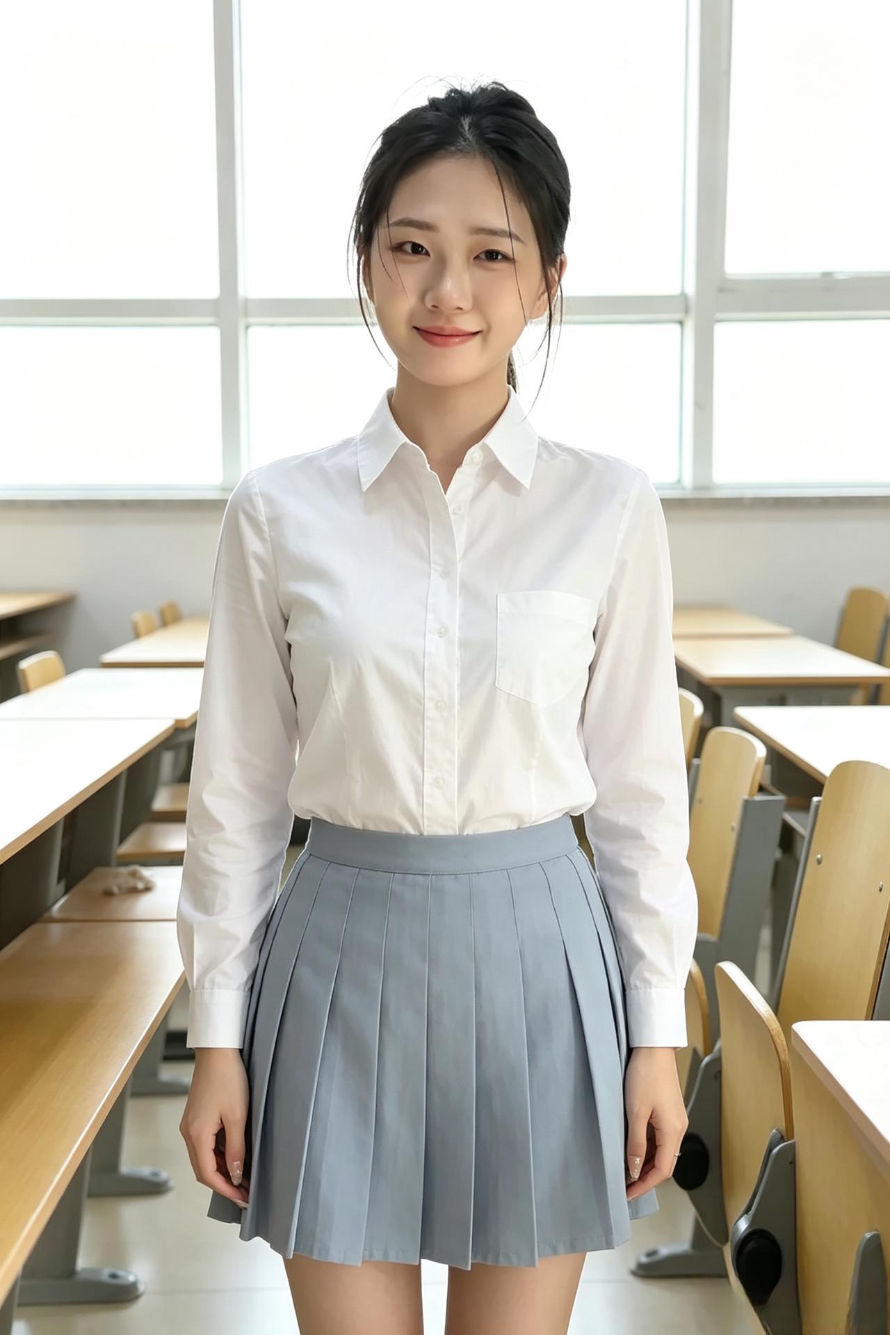 白衫轻拂墨痕香，灰裙轻摆映窗光。
一笑嫣然惊岁月，满堂书卷尽低昂。