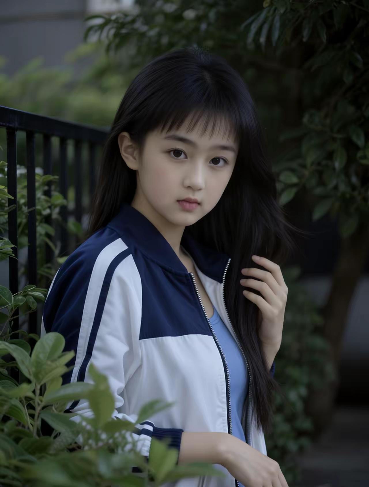 青春洋溢的少女，绿意盎然的背景，清新自然。