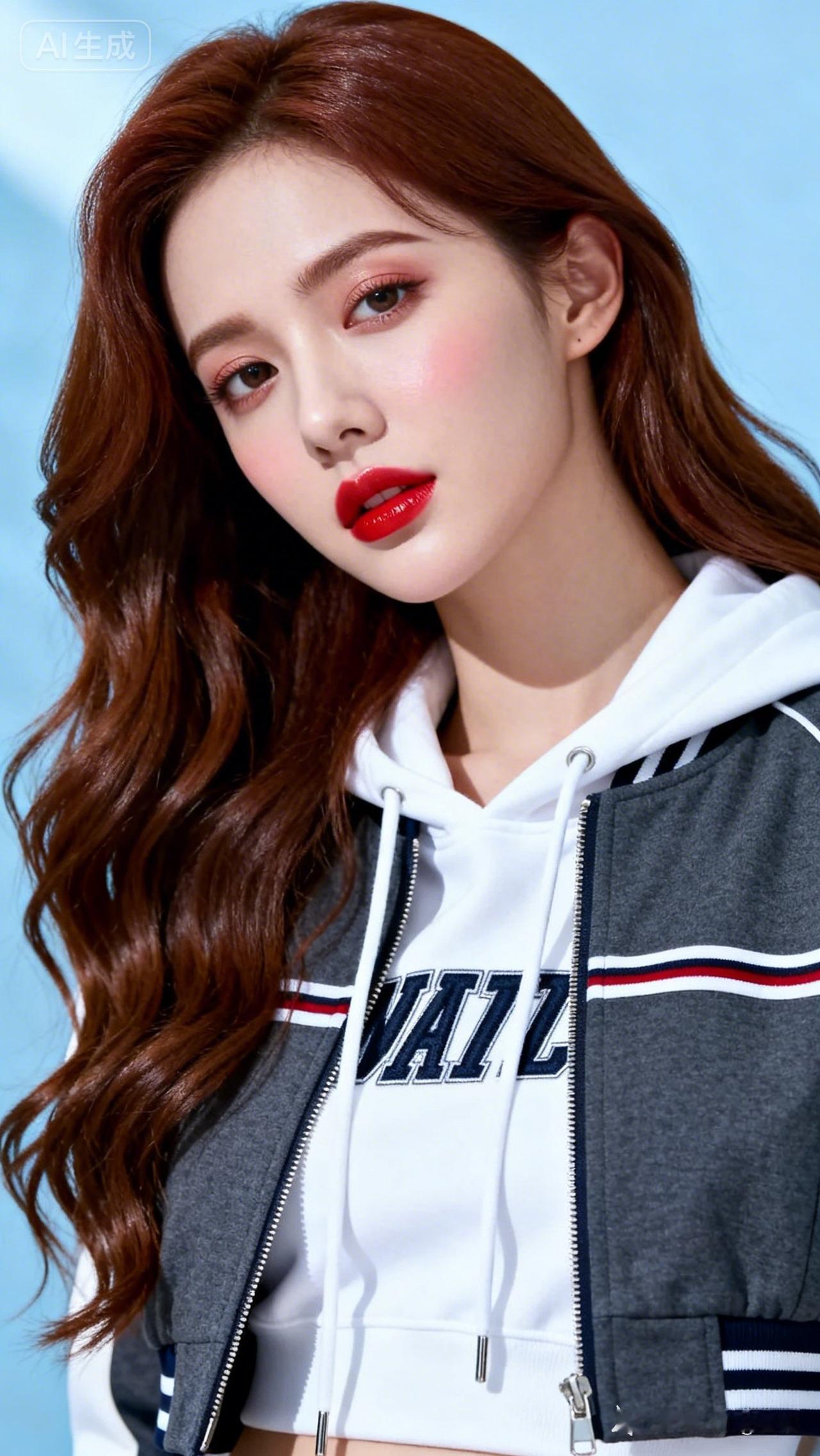 现代美女栗棕色长微卷发弧度自然，冷白皮白皙透亮、红润光泽，面部轮廓立体。深灰配白