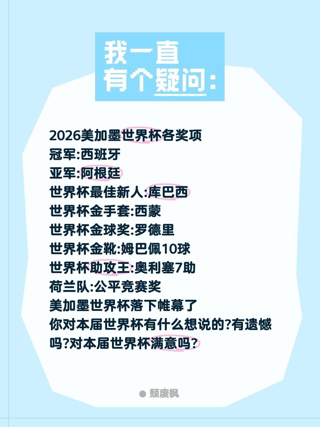 2026美加墨世界杯各奖项
冠军:西班牙
亚军:阿根廷
世界杯最佳新人:库巴西