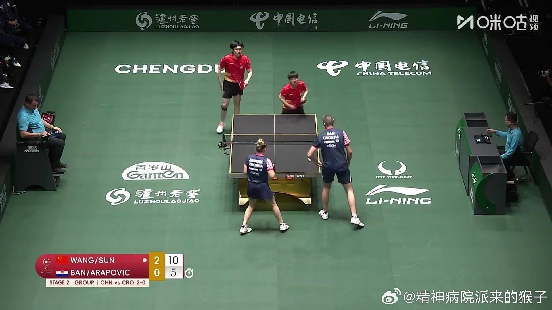 王楚钦孙颖莎3比0伊沃本阿拉波维奇（6，5，5）第二盘：蒯曼VS马洛巴比奇中国队