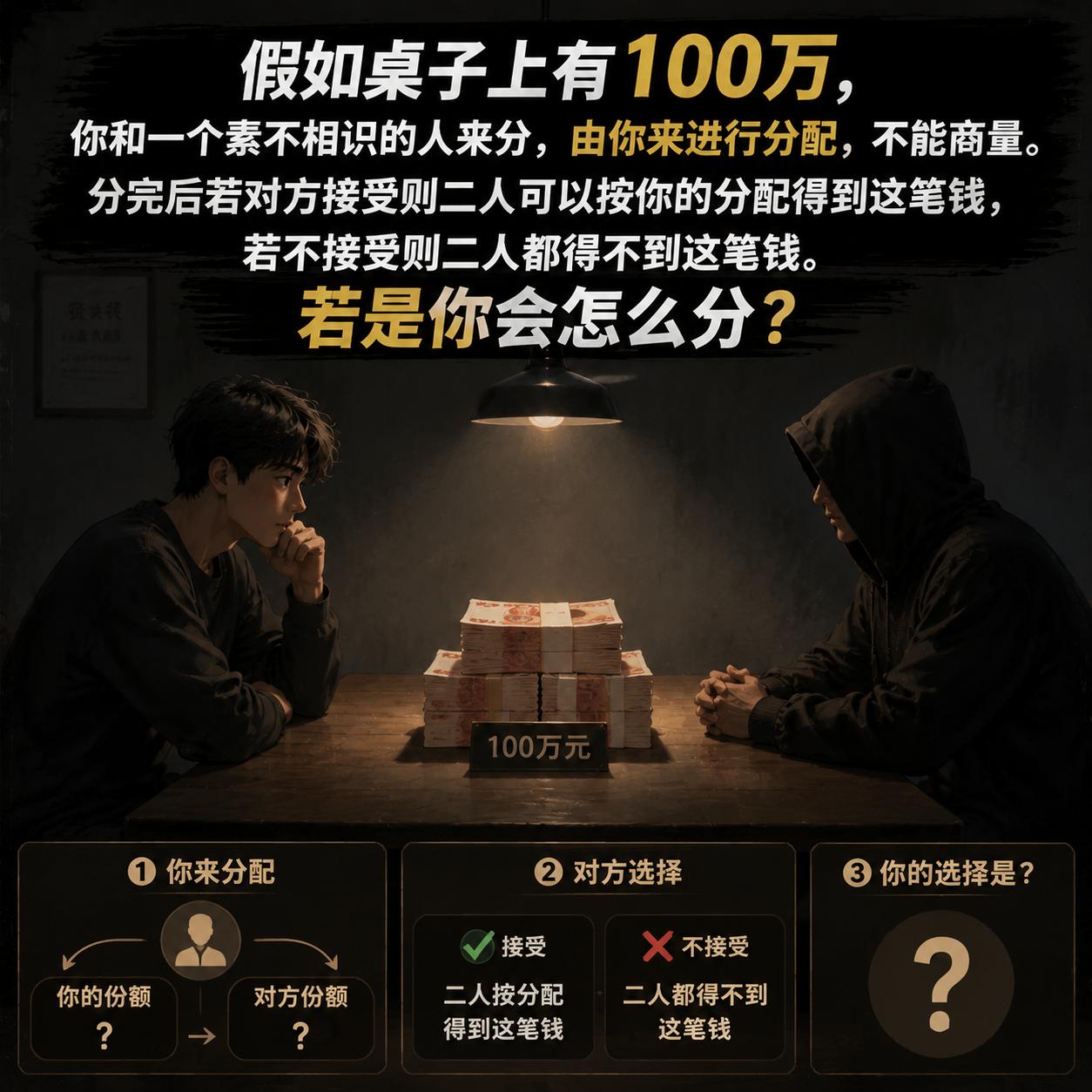 超经典的一道最后通牒博弈题：
假如桌子上有100万，你和一个素不相识的人来分，由