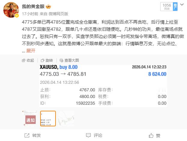 总结：4月14日共做五单，大获全胜！！！黄金策略十连胜！   总盈： 650点。