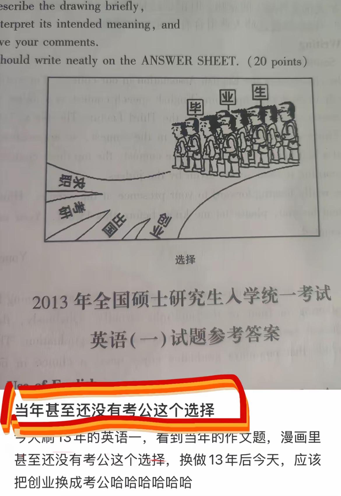 重看2013年的考研英语卷，关于毕业生的就业选择里，竟然没有考公考编这一项啊。