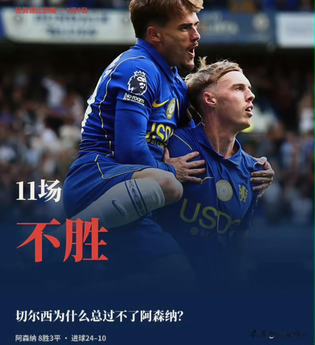 明天23点30分，本轮最大焦点，阿森纳主场对切尔西，两队都是两连胜6分，谁赢谁登