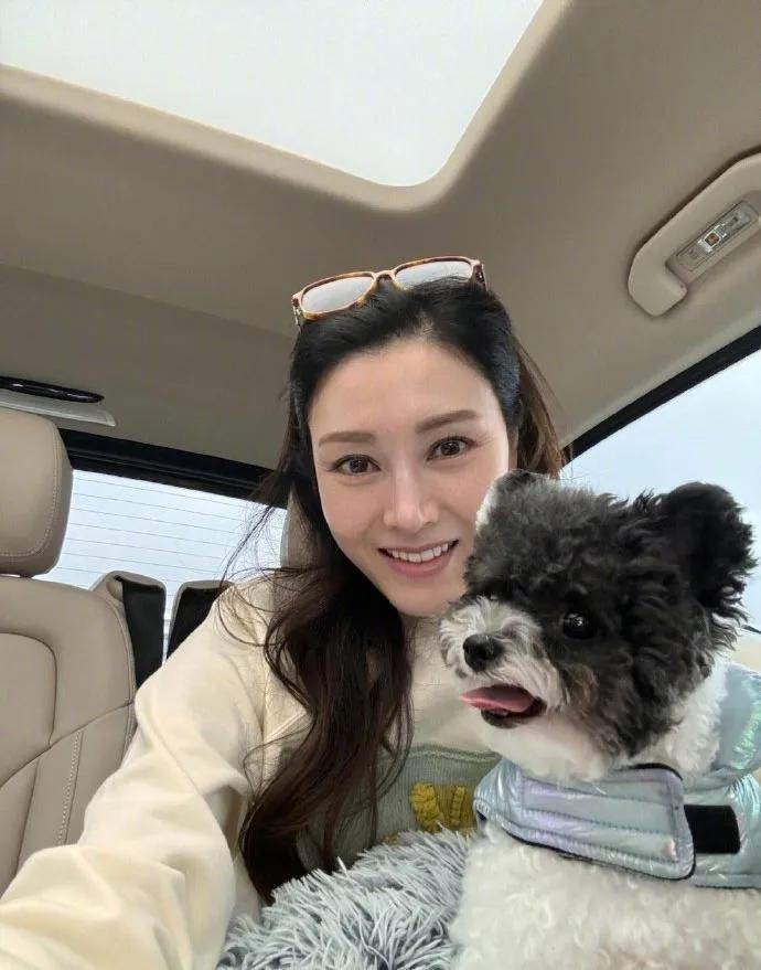 李嘉欣带着狗狗坐豪车出门，她真的十年如一日地喜欢把太阳眼镜别到头顶上，这似乎已经
