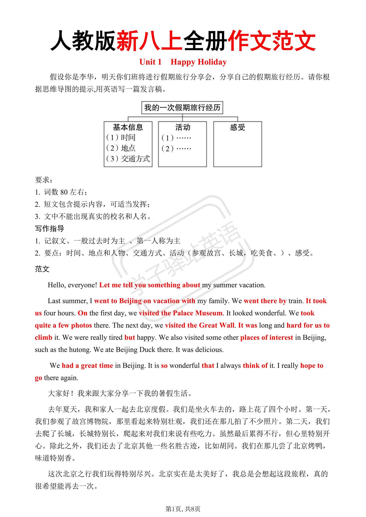 人教版新八上单元话题作文范文+默写练习
