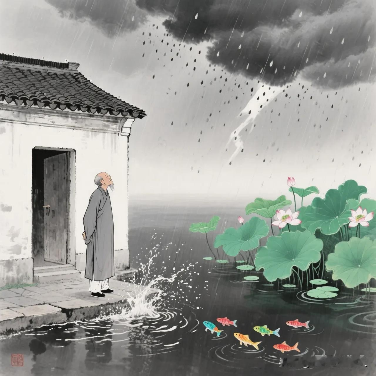 老舍门前雷雨骤，
青莲水下小鱼欢