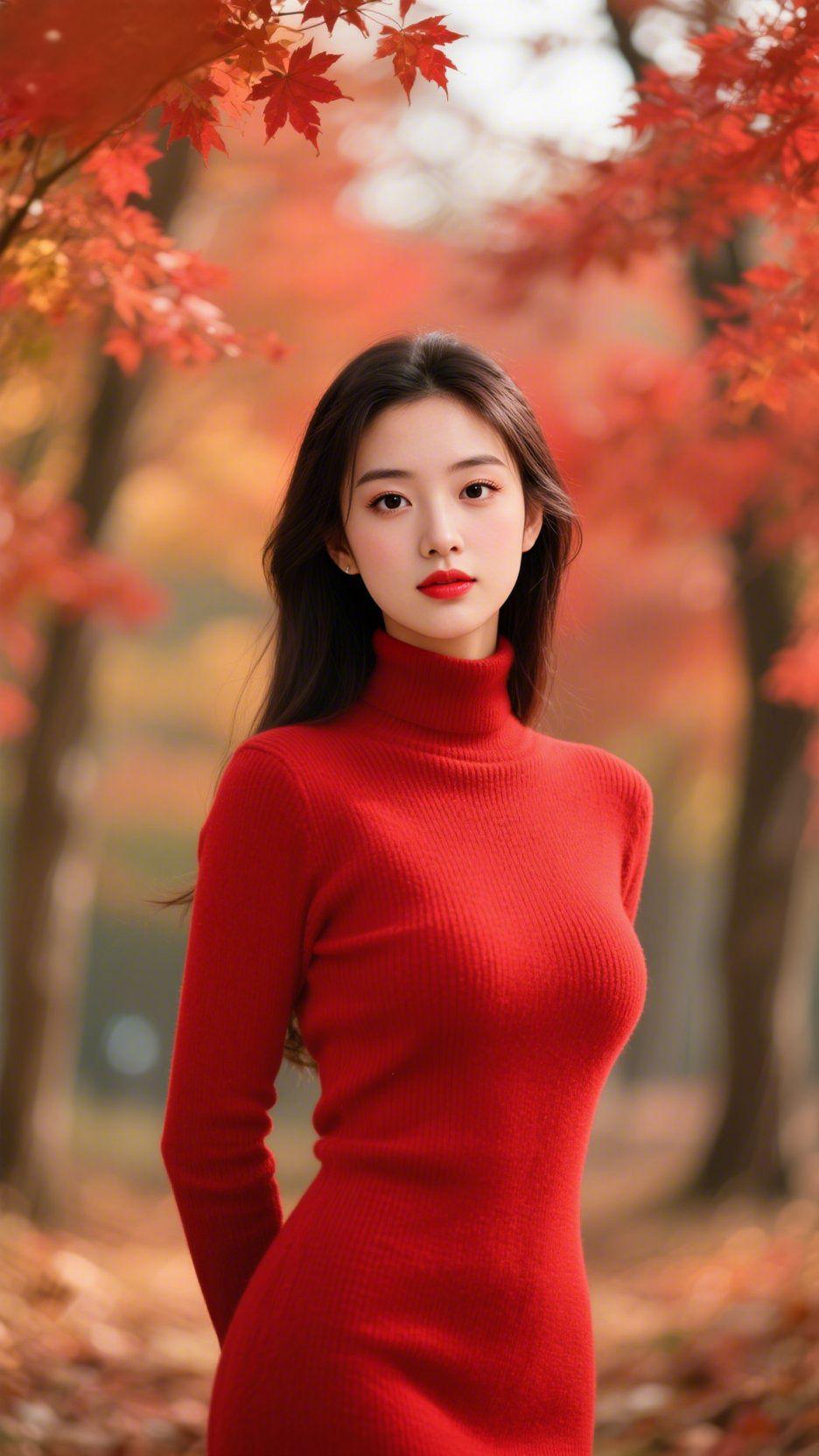 红衫栖秋枫
 
秋林漫染赤霞时，她着一身暖红立在枫影间，恰似将满山秋阳裁作了衣衫