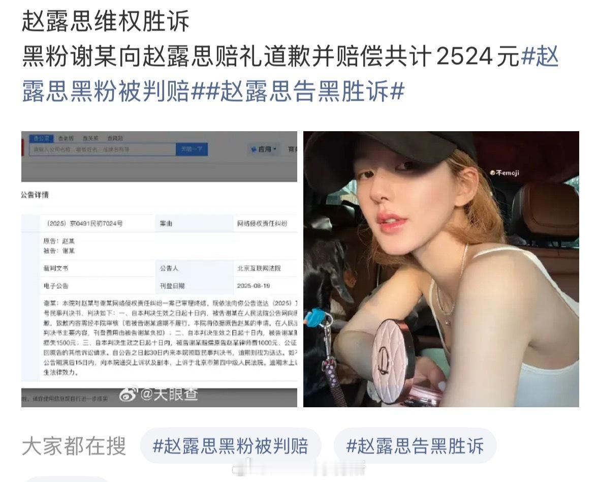 赵露思维权胜诉，hei粉谢某向赵露思赔礼道歉并赔偿共计2524元 ​​​