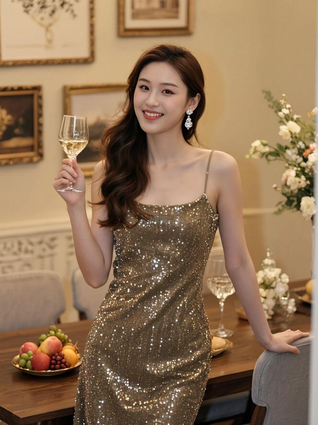 金色的裙摆如流光溢彩，手中的高脚杯盛满了浪漫与期待。背景的暖色调仿佛诉说着一个关