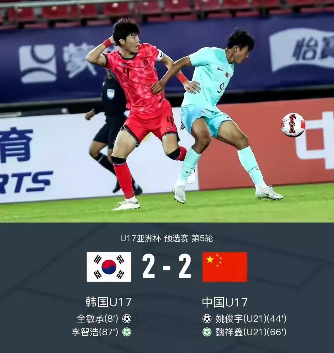 U17国足2比2踢平韩国。开场就丢球的不利局面下，中国队踢的非常有耐心，没有因为