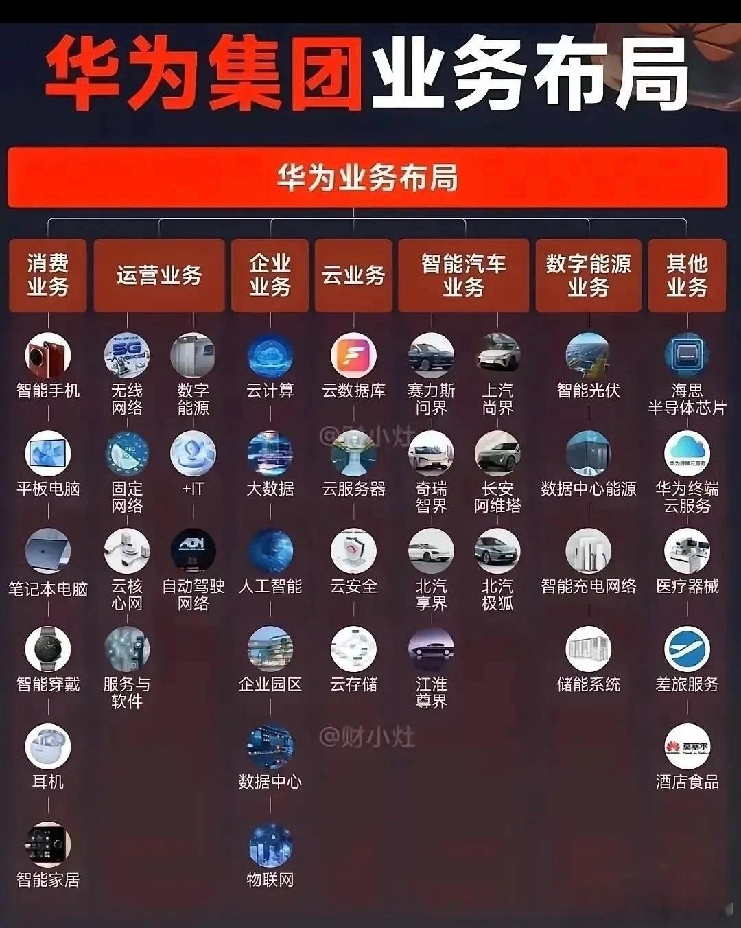 华为的业务线已经布局到国家重点发展的很多核心科技领域，并且逐渐成为这些领域的领军