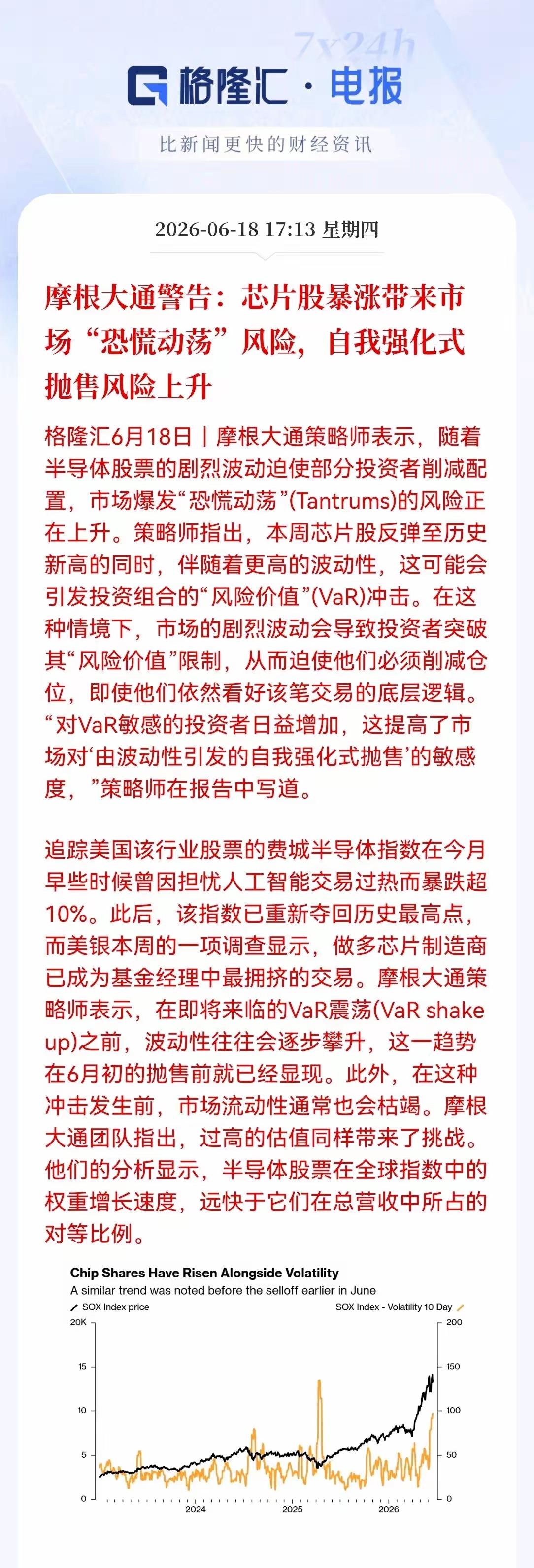摩根大通警告，芯片股大幅的上涨会带来市场的动荡恐慌风险，自我强化的抛售意识风险将