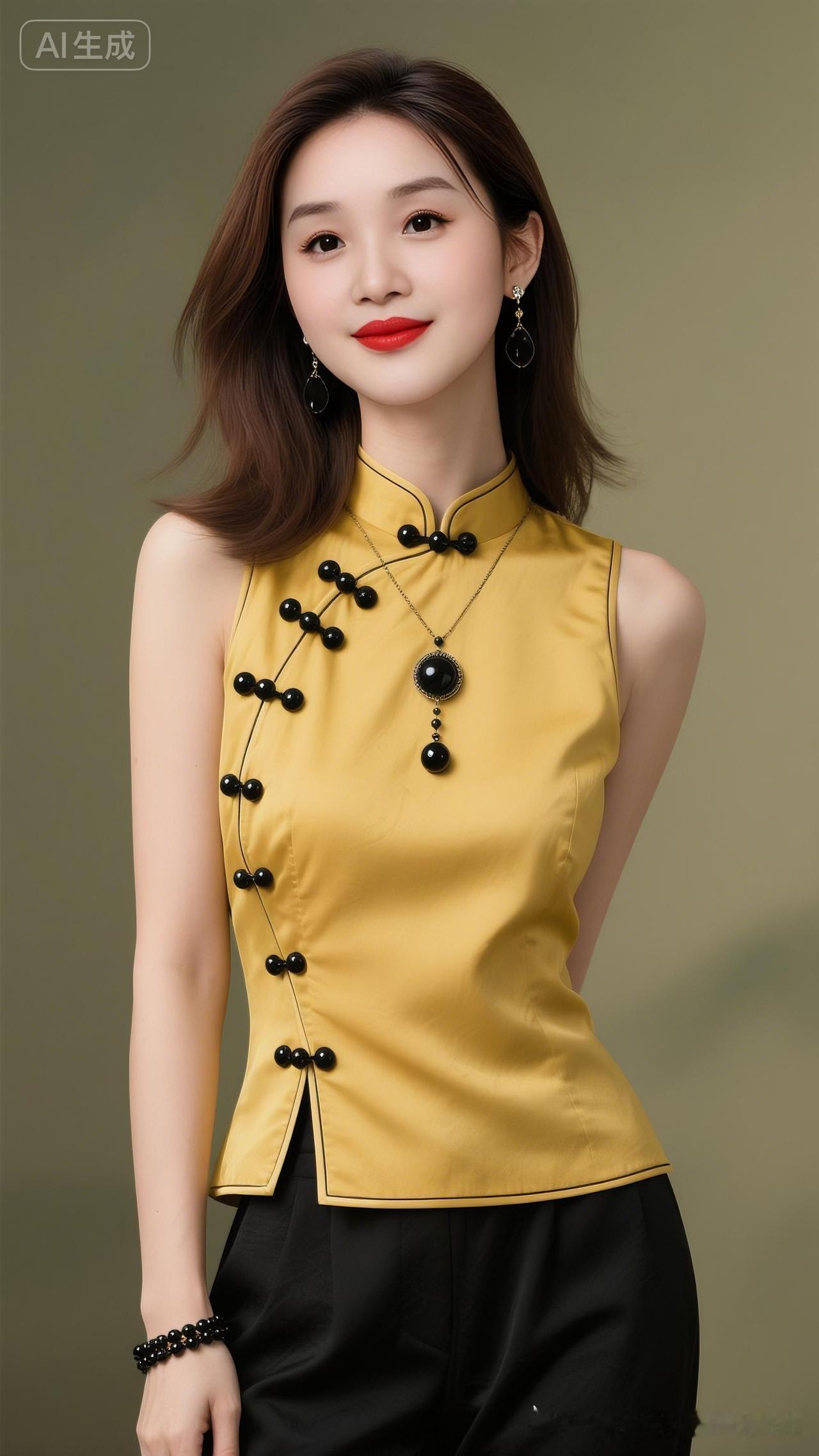 女子身着金黄中式盘扣唐装，黑珠纽扣精巧别致。褐发温婉，配黑坠耳环与珠宝手链，下搭
