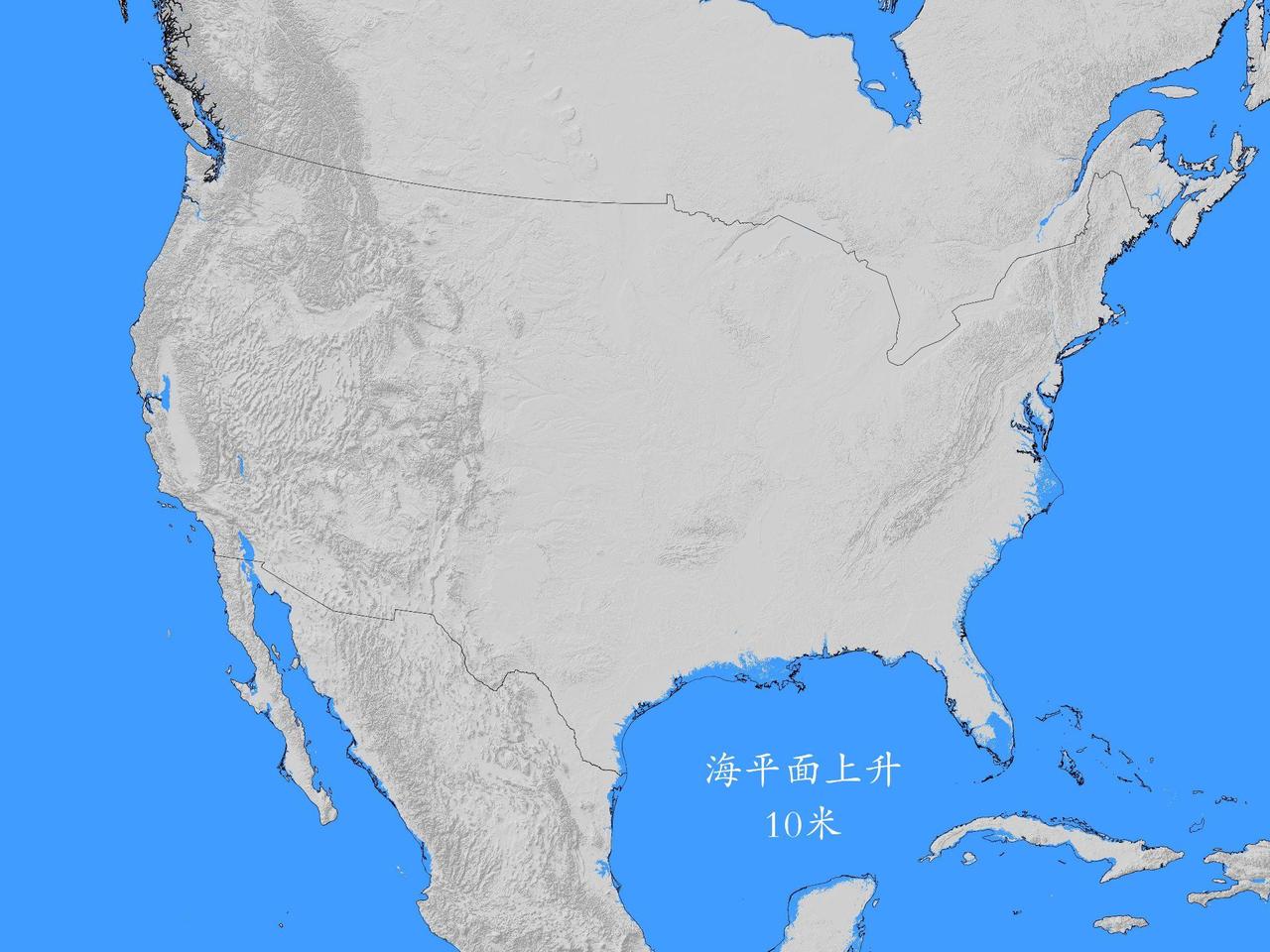 推演下，当全球变暖海平面上升，对美国本土的影响。
美国地形东西两侧沿海平原极低、