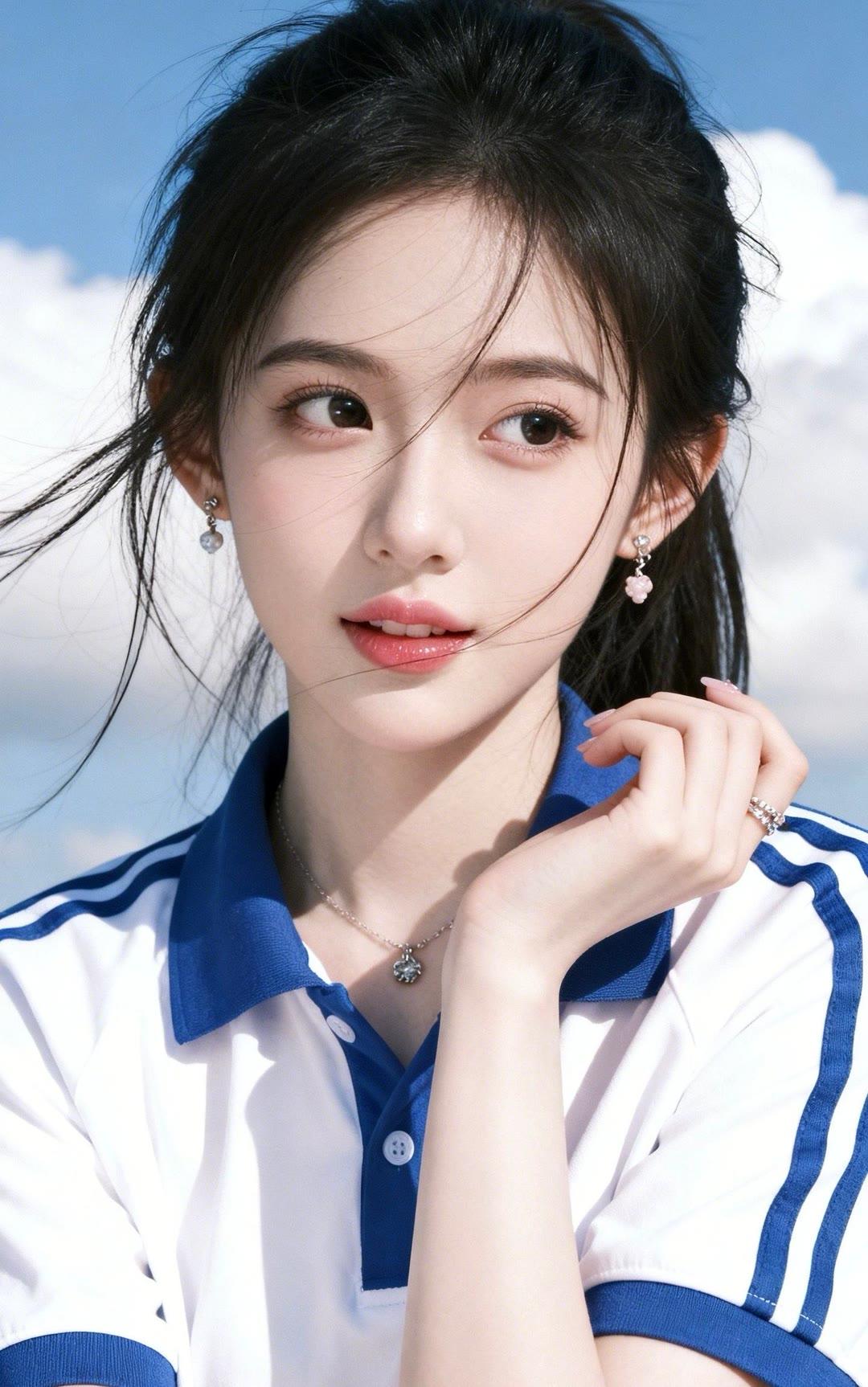 夏日清新少女风，蓝白条纹T恤，甜美笑容，阳光明媚！🌞💕