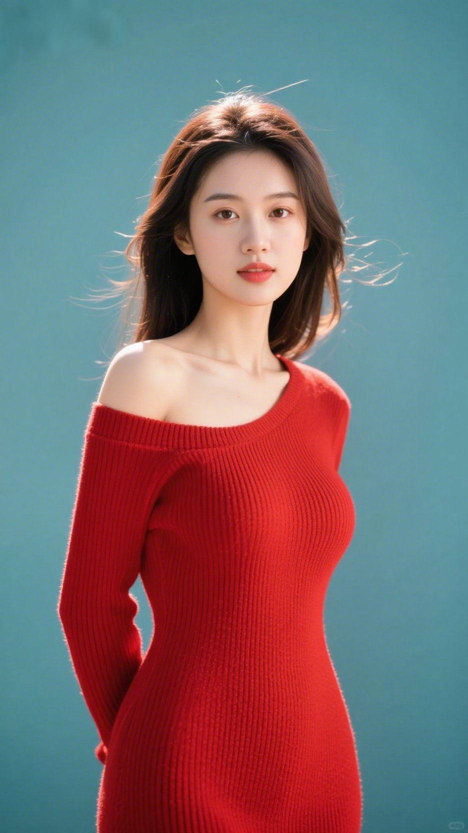 《红衫轻倚青空风》
 
浅青底色如春日天幕铺展，风携软意掠过发梢，那抹红便成了画