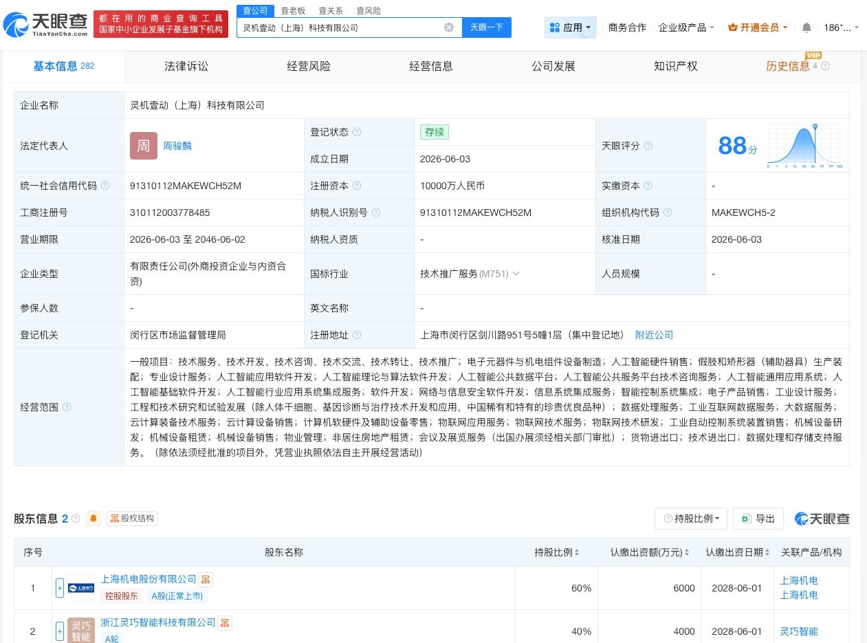 上海机电灵巧智能成立灵机壹动公司 注册资本1亿

天眼查App显示，近日，灵机壹