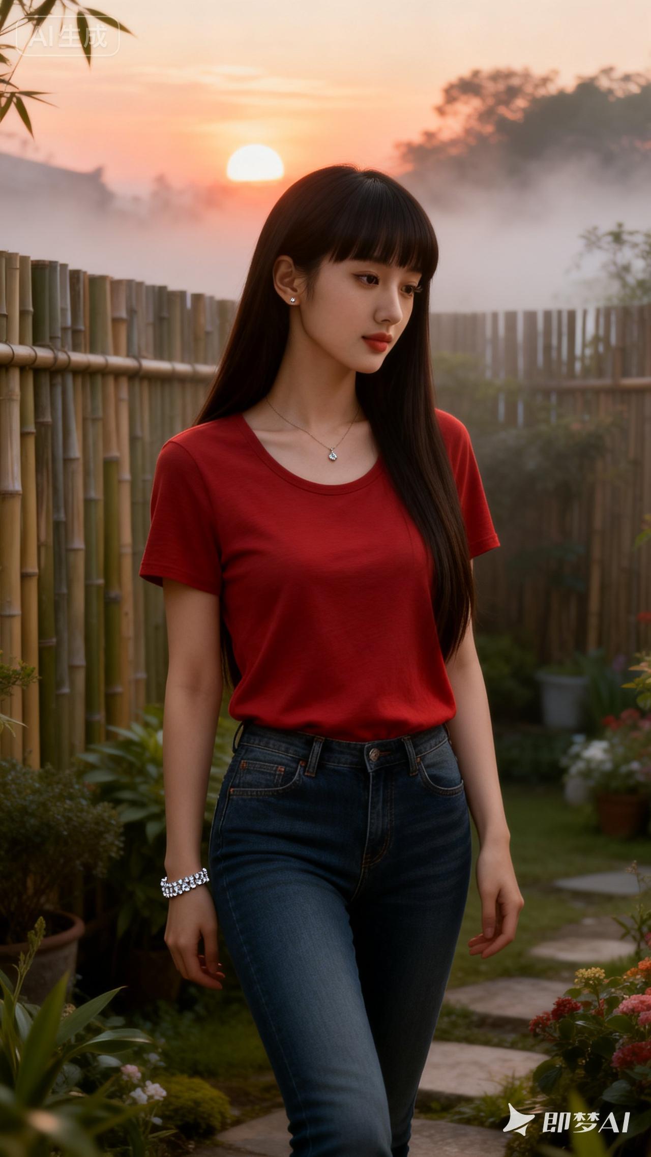 落日余晖下，少女漫步竹林间，红衣蓝裤，自然清新。