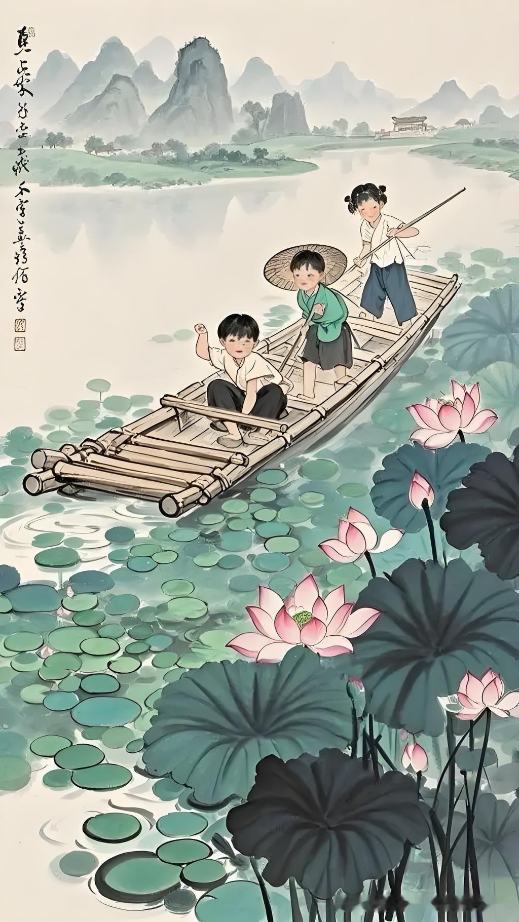 《荷叶》
——宋.苏辙
莲叶团团碧玉新，
荷花艳艳照波春。
莫言此景无多意，
满