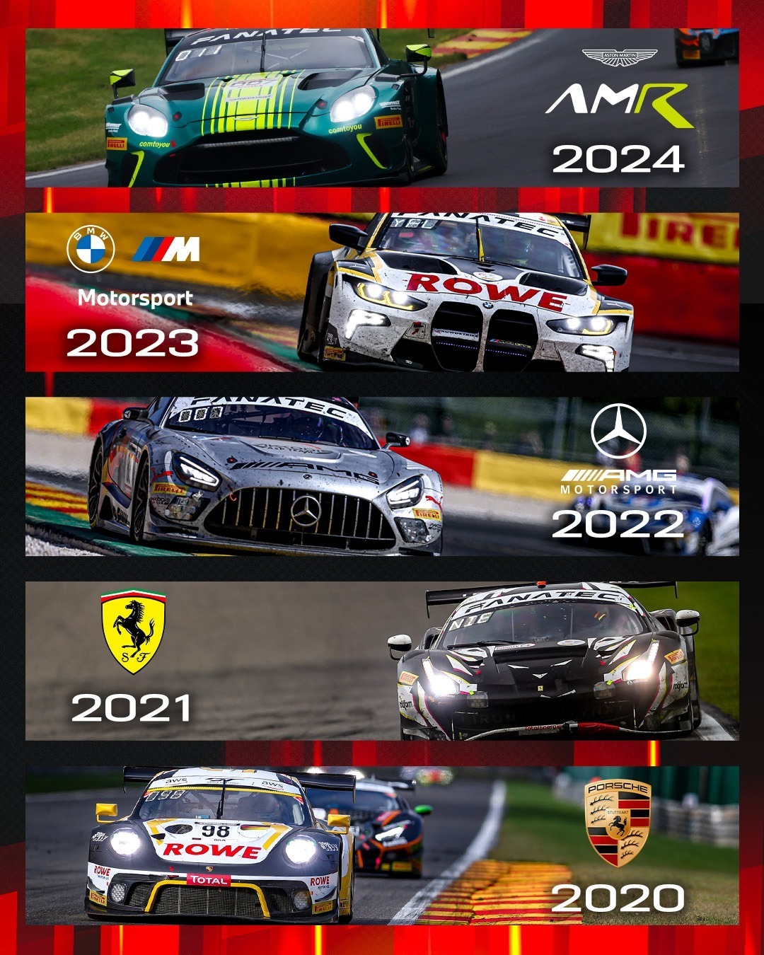 【斯帕24小时热知识】在过往的六届斯帕24小时耐力赛中，最终的全场冠军分属于6个