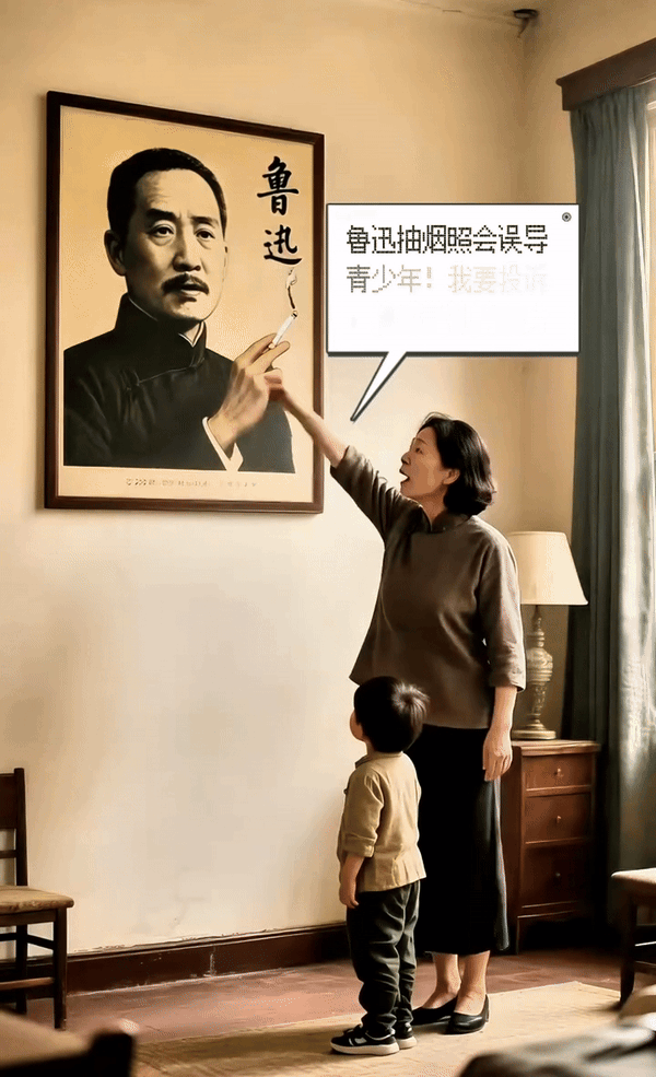 网友看到这个视频也是绝了，视频里，有家长对鲁迅先生手持香烟的画像进行投诉，表示误