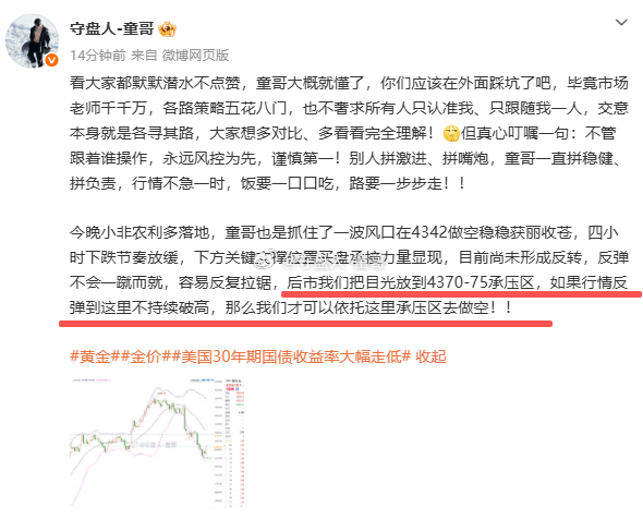靠谱的我又出现了！[憧憬]黄金4375附近再空一次，目标4350附近！黄金金价 
