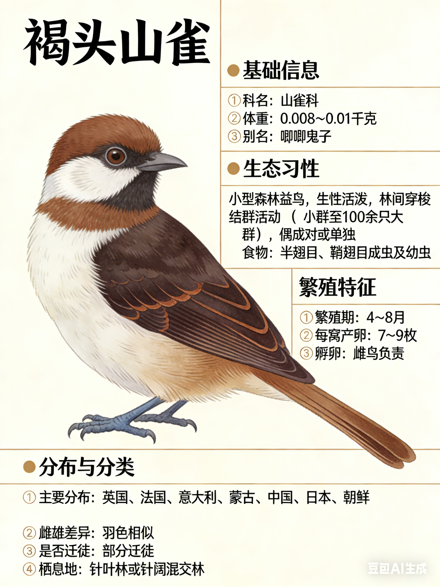 鸟类朋友图鉴 褐头山雀科名：山雀科体重：0.008～0.01千克别名：唧唧鬼子褐