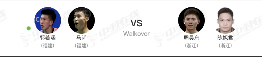 周昊东/陈旭君（浙江）退赛，郭若涵/马尚（福建）晋级下一轮下轮：任翔宇/梁伟铿（
