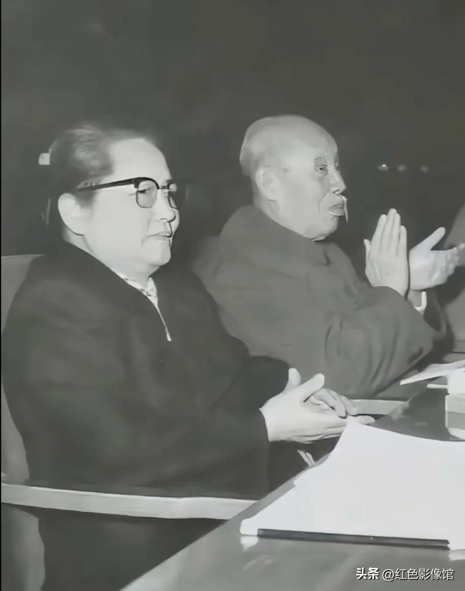 1965年三届全国人大会议现场，宋庆龄与董必武同坐会场，在会议席上鼓掌致意，定格