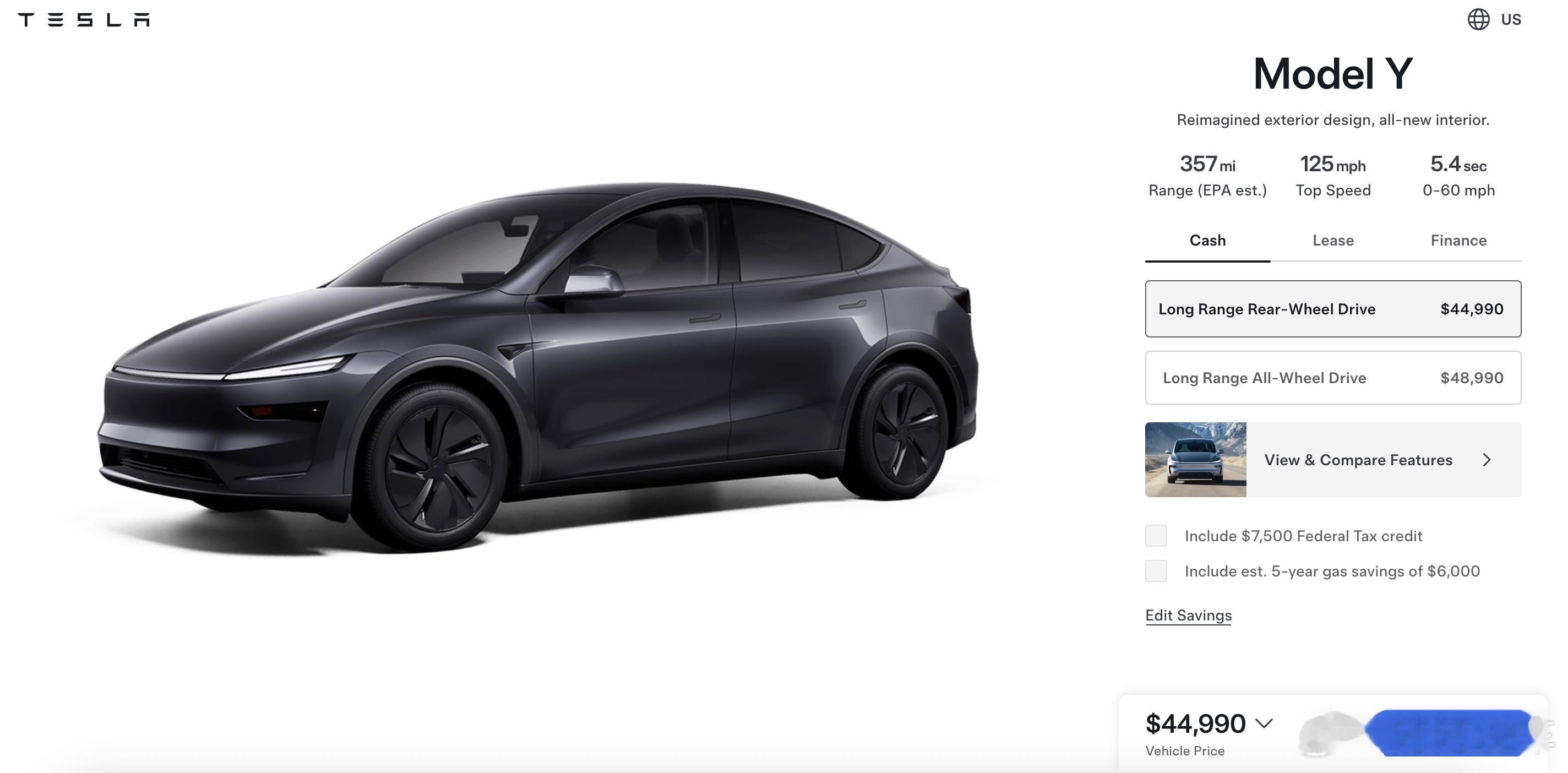 汽车[超话]  特斯拉在美国推出长续航后轮驱动版Model Y：特斯拉官网显示，