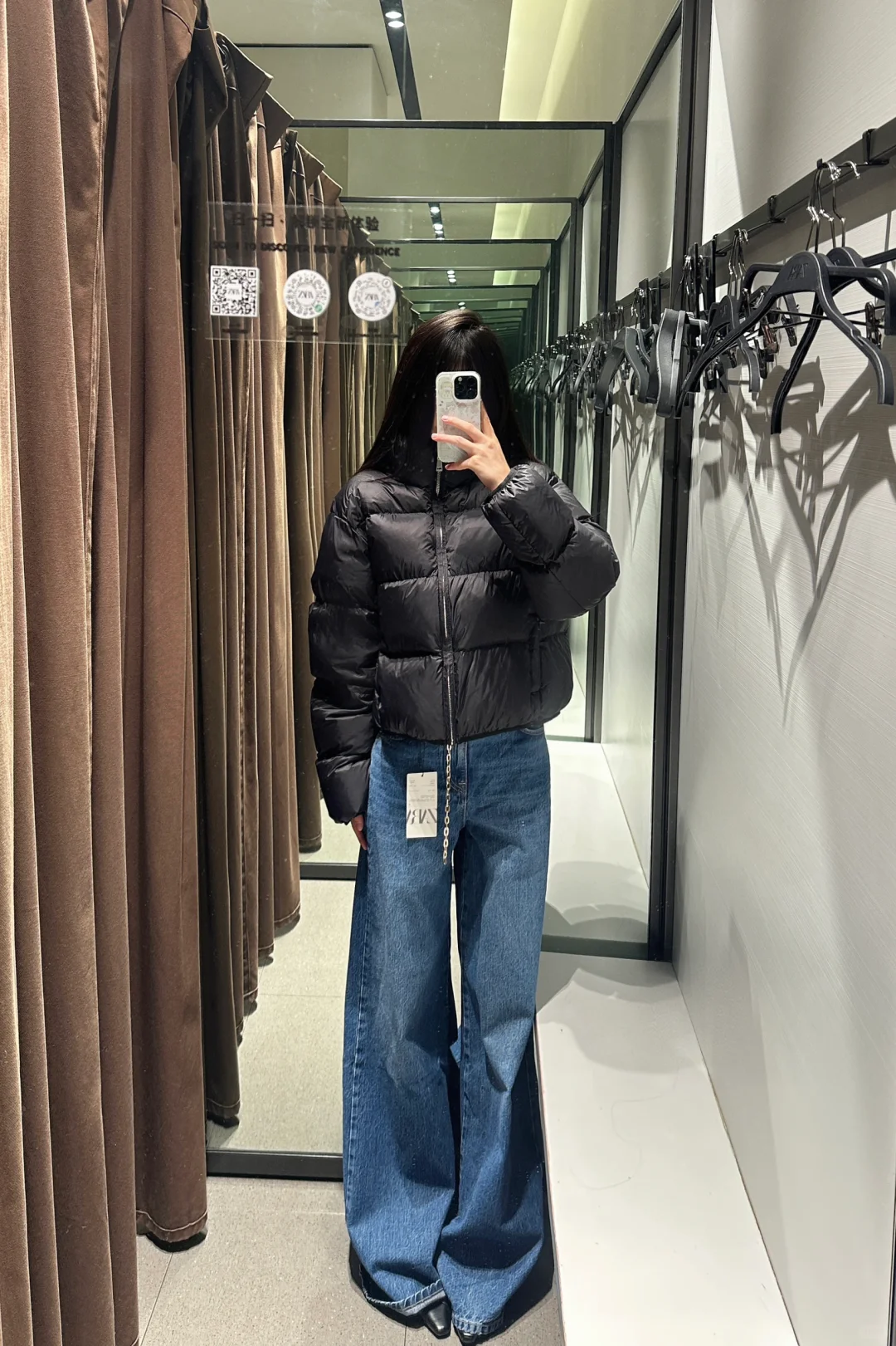 zara阔腿牛仔裤+肯豆羽绒服显腿长绝了