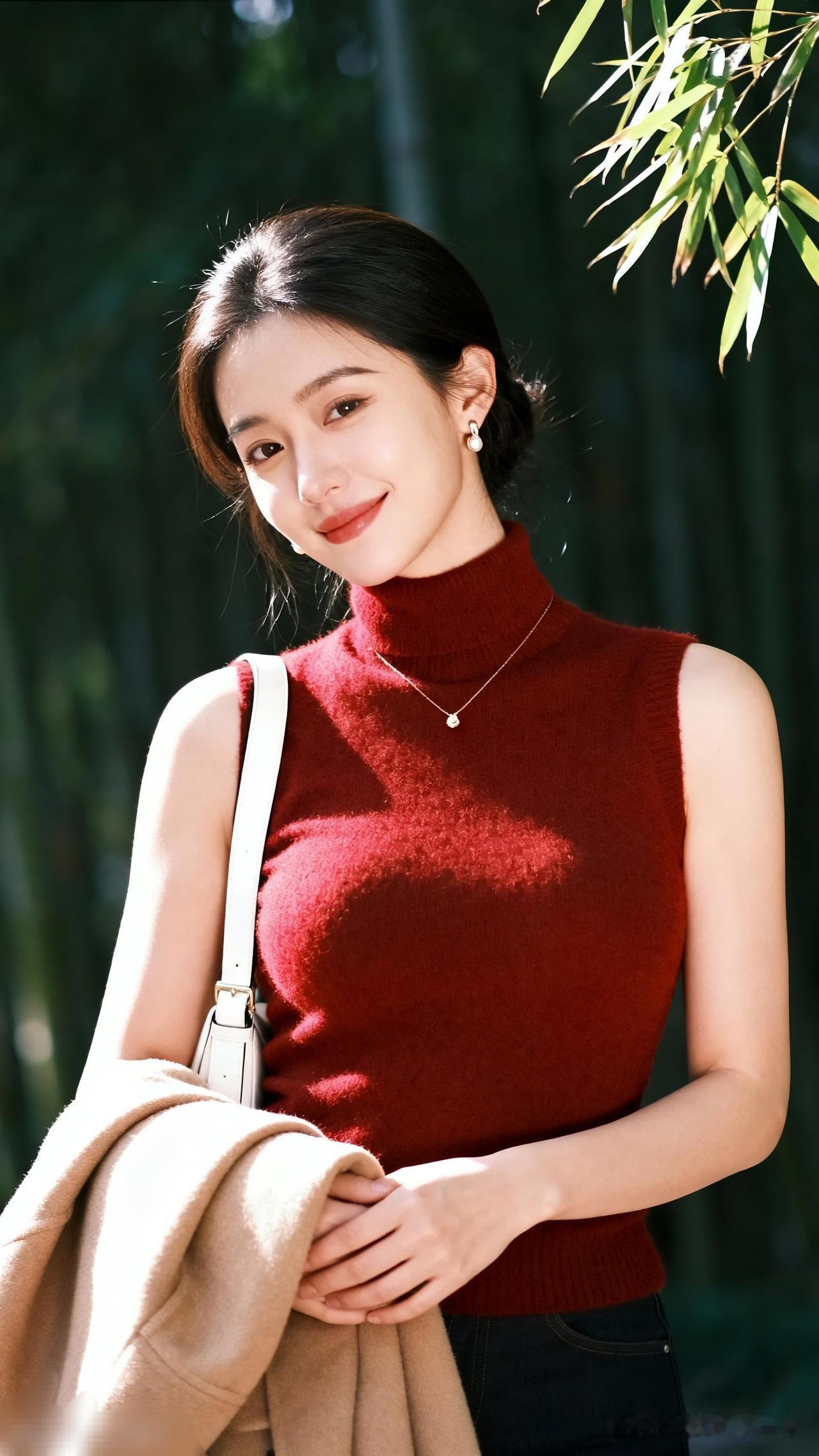 秋日暖阳下的优雅红衣少女🍂🌞