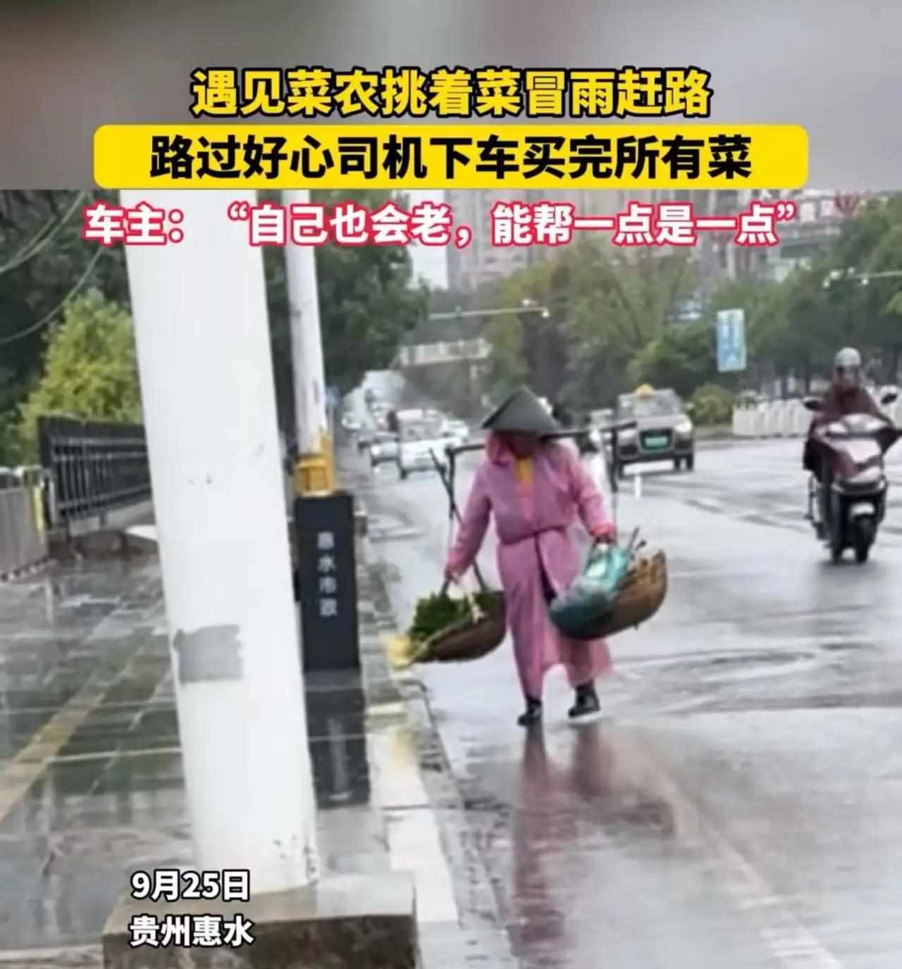 看哭了！贵州惠水，女司机遇见菜农挑着菜冒雨赶路，走路还一瘸一拐，一口气买下菜农所