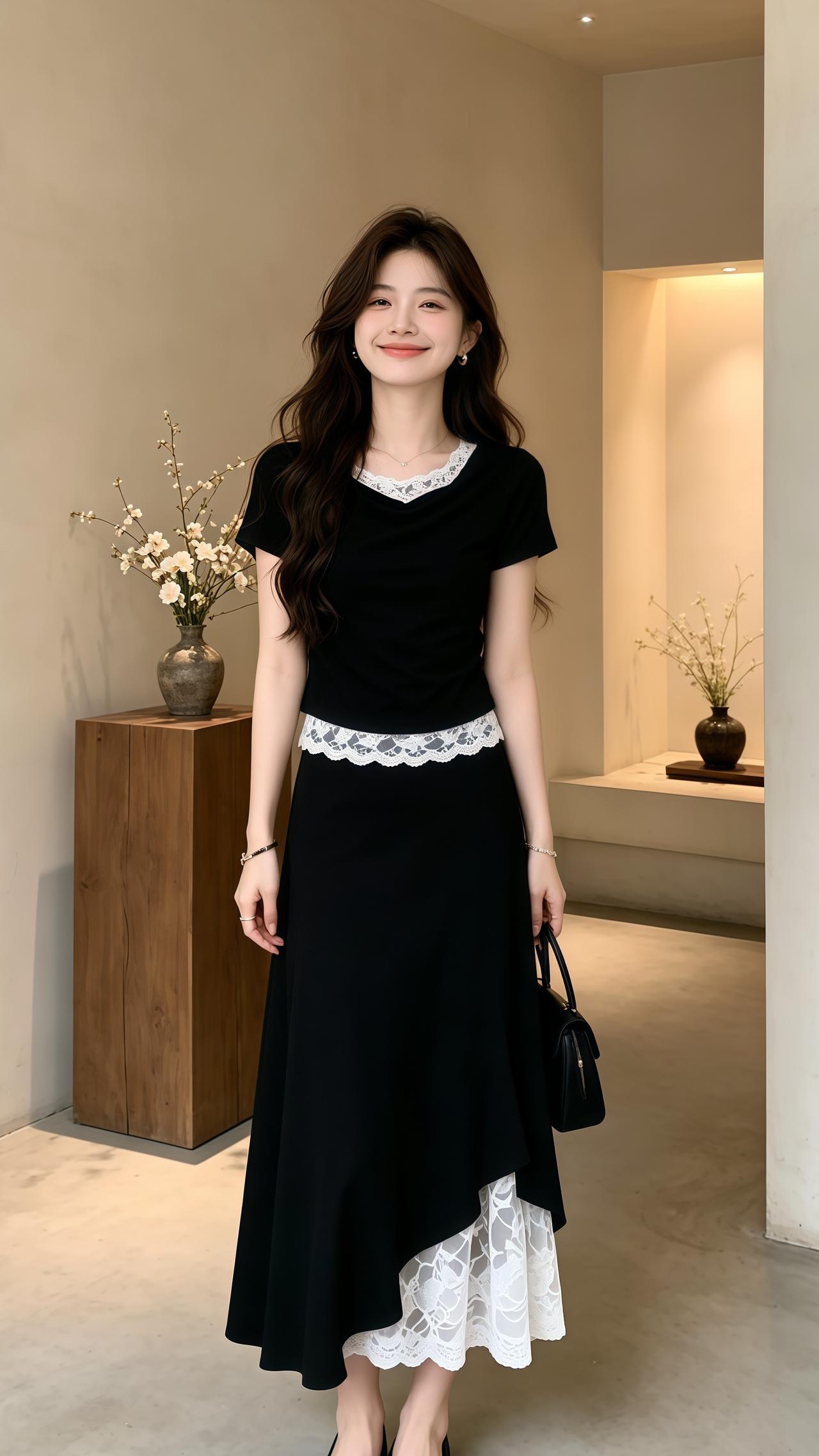 梨型身材怎么穿出少女感 穿搭 遮肉显瘦穿搭 蕾丝拼接小黑裙 穿搭