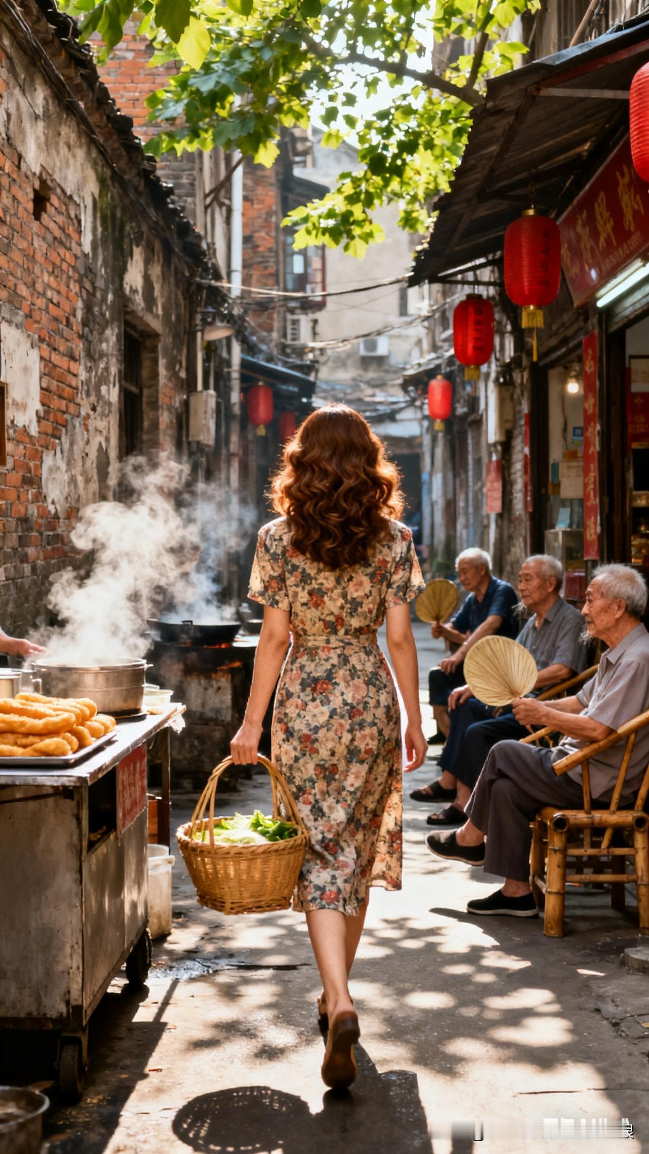 两边的铺子都亮着暖黄的灯，卖烤红薯的大爷正掀开铁皮桶，一股甜香腾地冒出来，飘得满