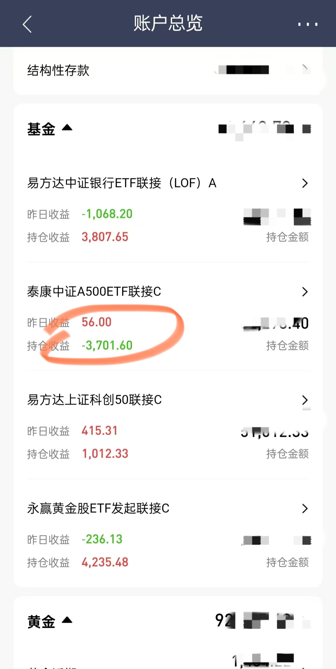 看了一下老妈的基金果然还是这个中证500所谓保本的亏了，听我的买的银行，黄金，科