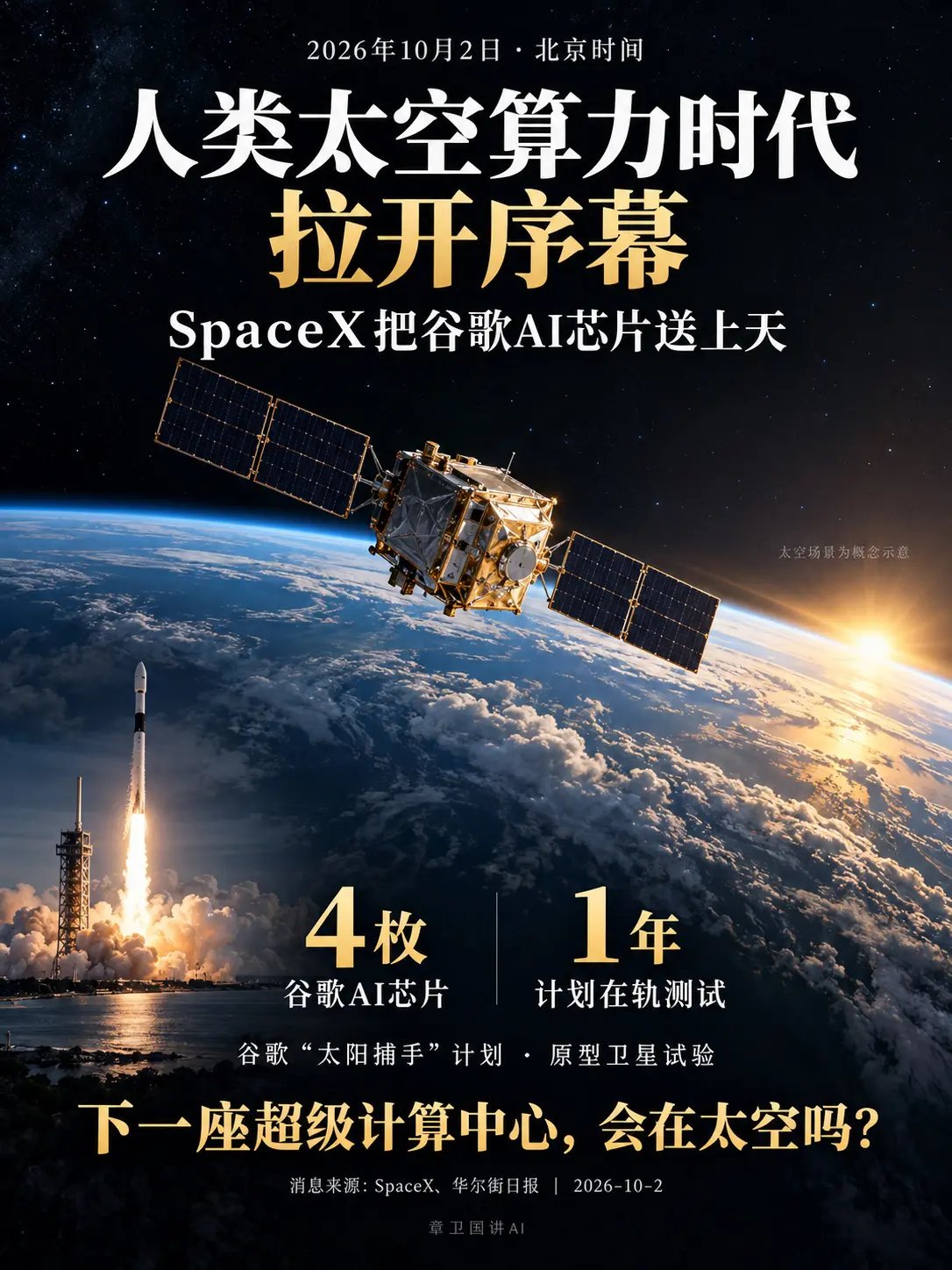 人类太空算力时代，拉开序幕。今天凌晨，SpaceX把搭载谷歌AI芯片的...