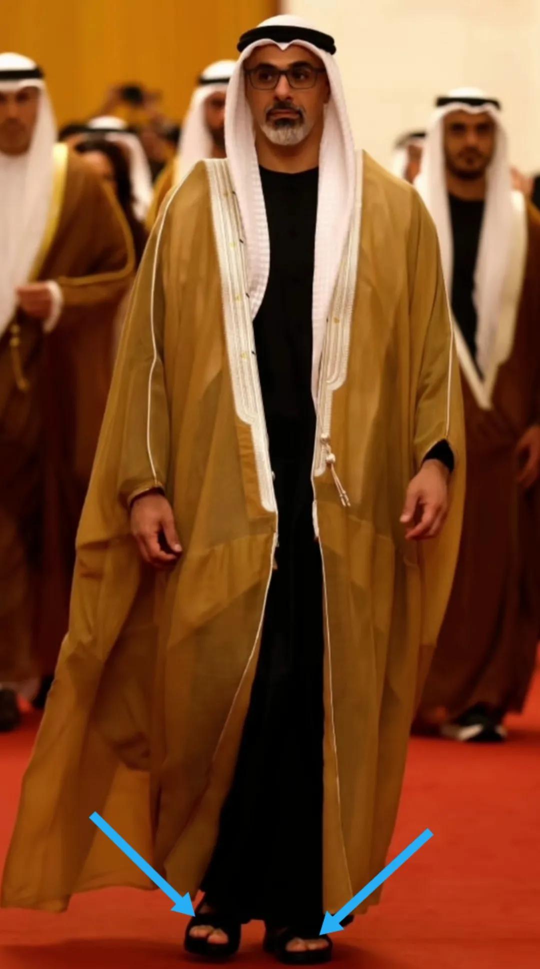 阿联酋王储穿凉鞋走人在大会堂红地毯。